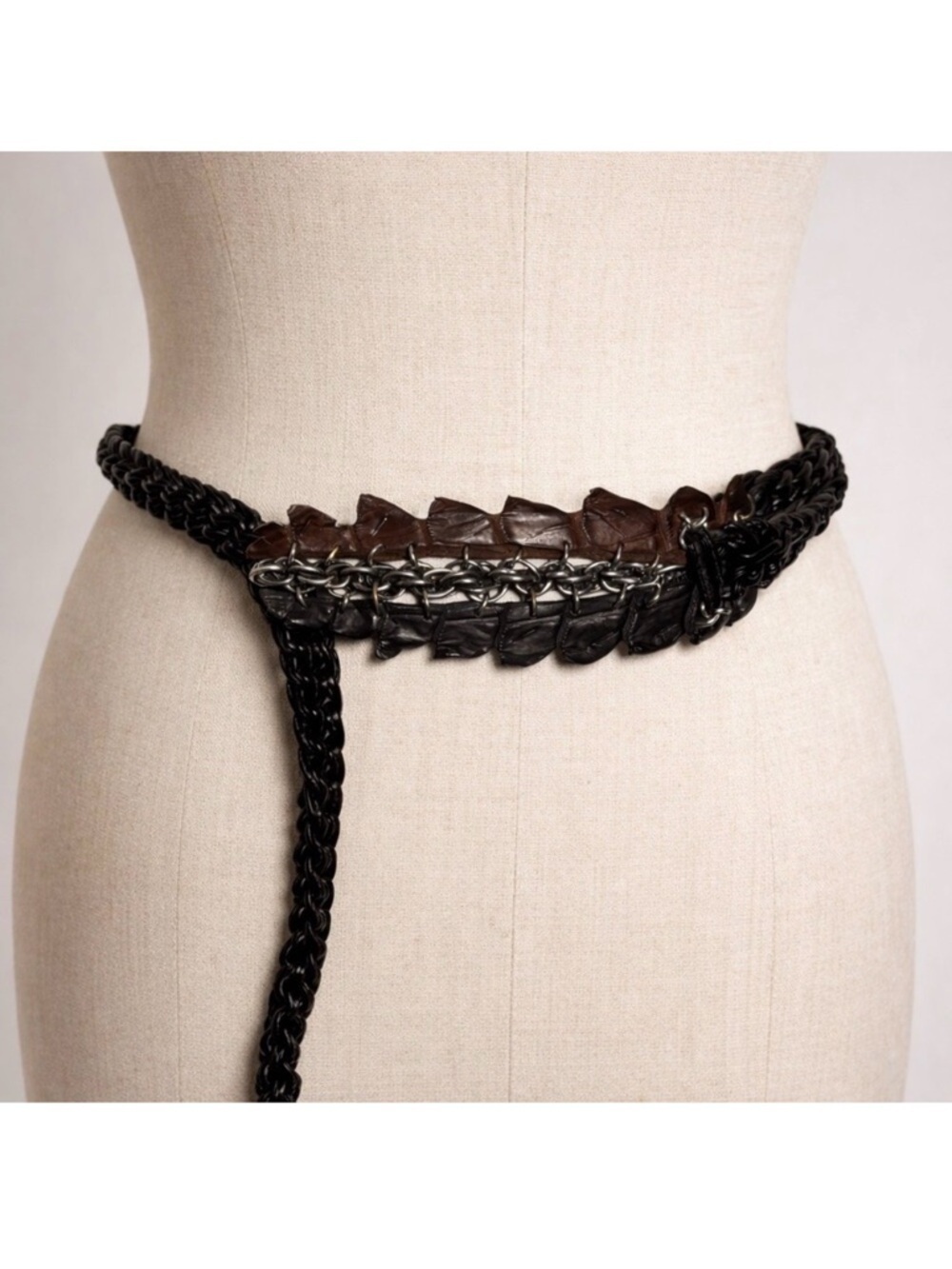 Avant Garde Braided Leather statement Belt Women Black Brown Croc edgy vintage